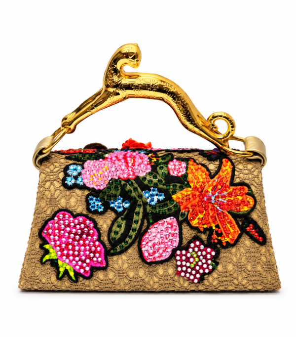 Corvane MAJESTA 5632 top handle bag, back view showing tan-beige jacquard lace, colourful dimensional embellishment and sculptural gold-tone leopard handle