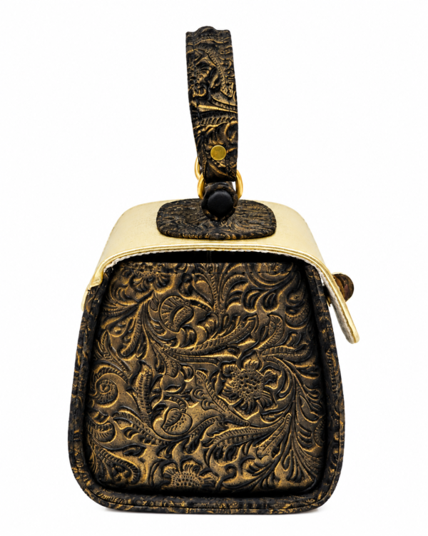HelaSol AL PMidi Bronze Baroque handbag, side view showing deep bronze leather with raised floral and Baroque embossing and a light golden sheen