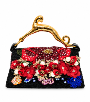Corvane MAJESTA 6914 top handle bag in black jacquard lace with red floral embellishment, pearl accents and sculptural gold-tone leopard handle
