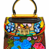 HelaSol Roidery Midi 7641 handbag, top-side angled view showing multicolour Roidery, deep chocolate-brown Baroque-stencilled leather and gold handle detailing