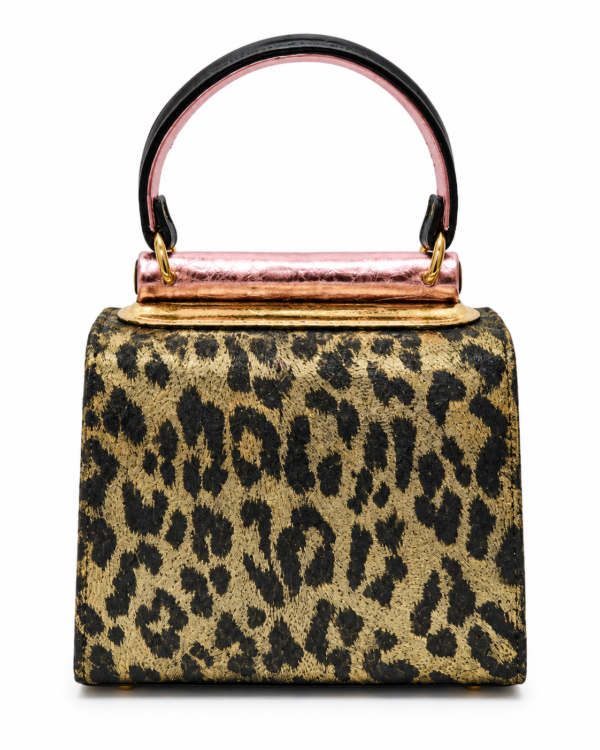 HelaSol AL MMidi Leopard Olivine structured handbag, back view showing black leather with metallic-gold leopard patterning and metallic pink handle detailing