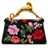 Corvane MAJESTA 9583 top handle bag, back view showing black jacquard lace with black floral embellishment, pearl accents and sculptural gold-tone leopard handle