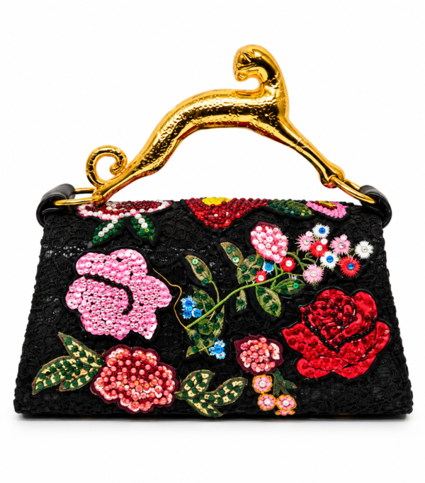 Corvane MAJESTA 9583 top handle bag, back view showing black jacquard lace with black floral embellishment, pearl accents and sculptural gold-tone leopard handle