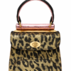 HelaSol AL MiMidi Leopard Olivine structured handbag, front view in black leather with metallic-gold leopard patterning and metallic pink handle detailing