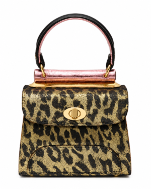 HelaSol AL MiMidi Leopard Olivine structured handbag, front view in black leather with metallic-gold leopard patterning and metallic pink handle detailing