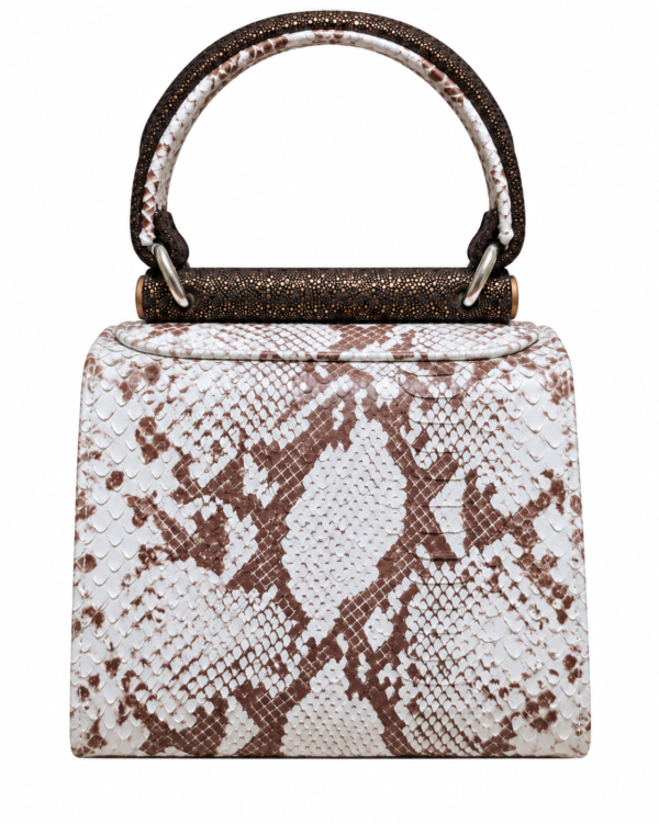 HelaSol AL MMidi Ivoire Sépia structured handbag, back view in ivory and brown patterned leather with dark chocolate gold-flecked handle detailing