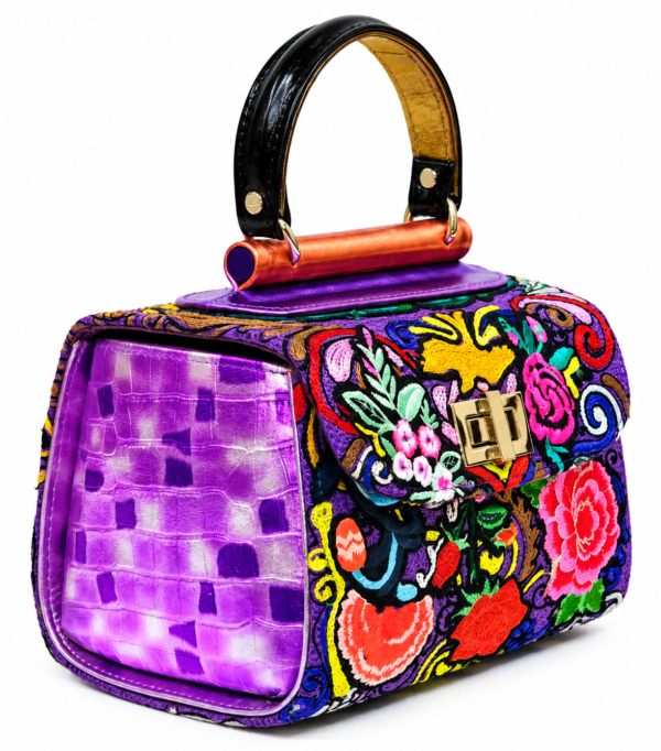 HelaSol Roidery Midi 4189 handbag, alternate top-side angled view highlighting multicolour floral Roidery, purple leather detailing and contrasting top handle