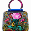HelaSol Roidery Midi 6194 handbag, back view showing a large pink rose with turquoise, orange, yellow and green scrolling Roidery on a silver ground