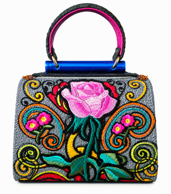 HelaSol Roidery Midi 6194 handbag, back view showing a large pink rose with turquoise, orange, yellow and green scrolling Roidery on a silver ground