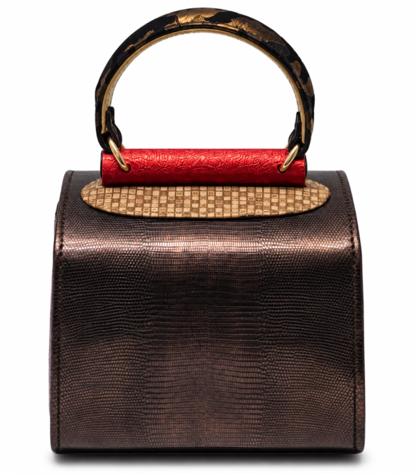HelaSol AL MMidi Viola Bronze structured handbag, back view showing metallic bronze-brown textured leather and contrasting handle details