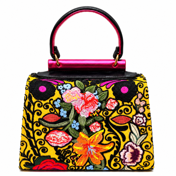HelaSol Roidery Midi 2845 handbag, back view with colourful floral Roidery and black scrolling detail on yellow suede leather