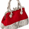 Sísí Èkó Àrà Scarlet Silver handbag, front-side angled view showing scarlet red hair-on-hide leather, silver and white python-print leather and polished silver-tone frame