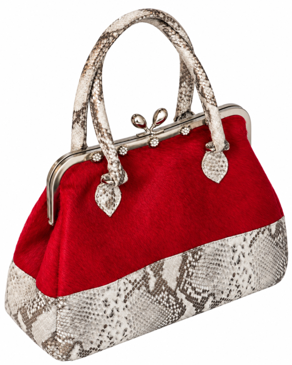 Sísí Èkó Àrà Scarlet Silver handbag, front-side angled view showing scarlet red hair-on-hide leather, silver and white python-print leather and polished silver-tone frame