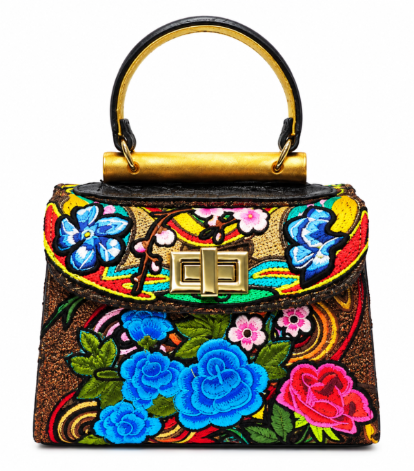 HelaSol Roidery Midi 7641 handbag, front view showing multicolour floral Roidery on suede leather with polished gold-tone fittings