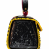 HelaSol Roidery Midi 2845 handbag, side view showing glossy black textured leather panel with yellow and black edging