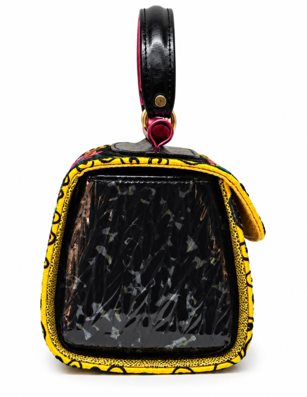 HelaSol Roidery Midi 2845 handbag, side view showing glossy black textured leather panel with yellow and black edging