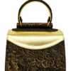HelaSol AL PMidi Bronze Baroque handbag, back view showing deep bronze raised floral and Baroque-embossed leather with a very light metallic gold flap and embossed top handle.