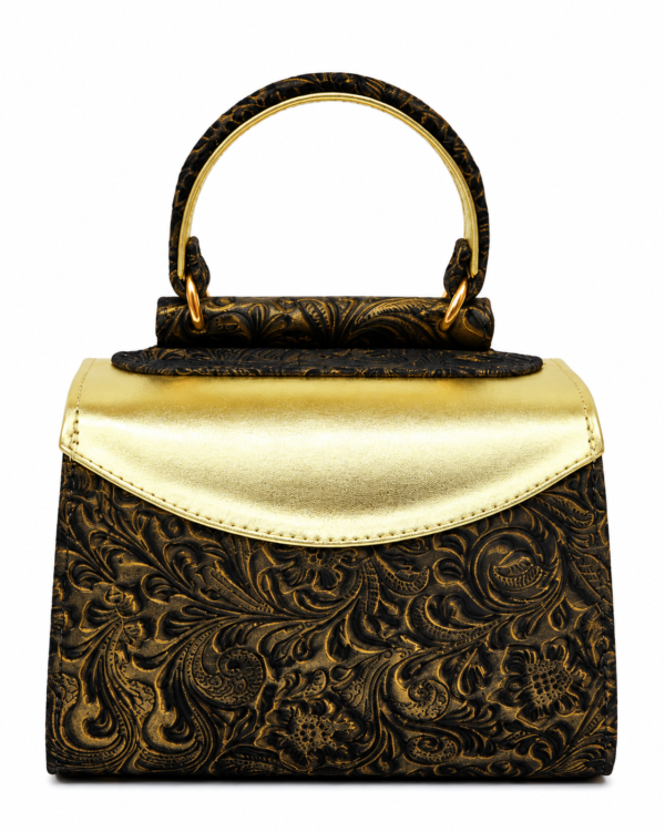 HelaSol AL PMidi Bronze Baroque handbag, back view showing deep bronze raised floral and Baroque-embossed leather with a very light metallic gold flap and embossed top handle.
