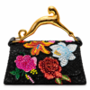 Corvane MAJESTA 8147 top handle bag, back view showing black jacquard lace, layered multicolour embellishment and gold-tone leopard handle