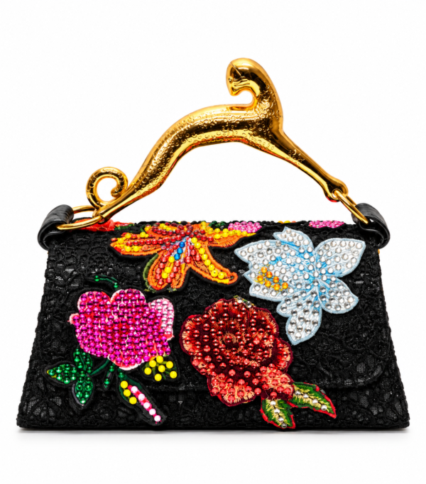 Corvane MAJESTA 8147 top handle bag, back view showing black jacquard lace, layered multicolour embellishment and gold-tone leopard handle