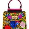 HelaSol Roidery Midi 2845 handbag, front view with vibrant floral Roidery on yellow suede leather