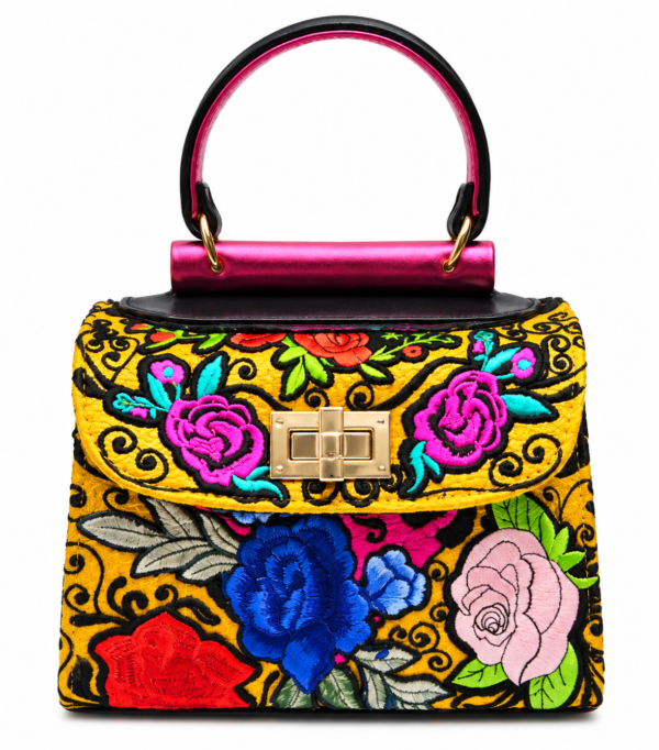HelaSol Roidery Midi 2845 handbag, front view with vibrant floral Roidery on yellow suede leather