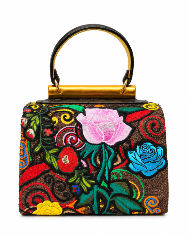 HelaSol Roidery Midi 7641 handbag, back view showing multicolour floral Roidery across suede leather