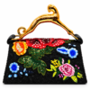 Corvane MAJESTA 6914 top handle bag, back view showing black jacquard lace with multicolour floral embellishment and sculptural gold-tone leopard handle