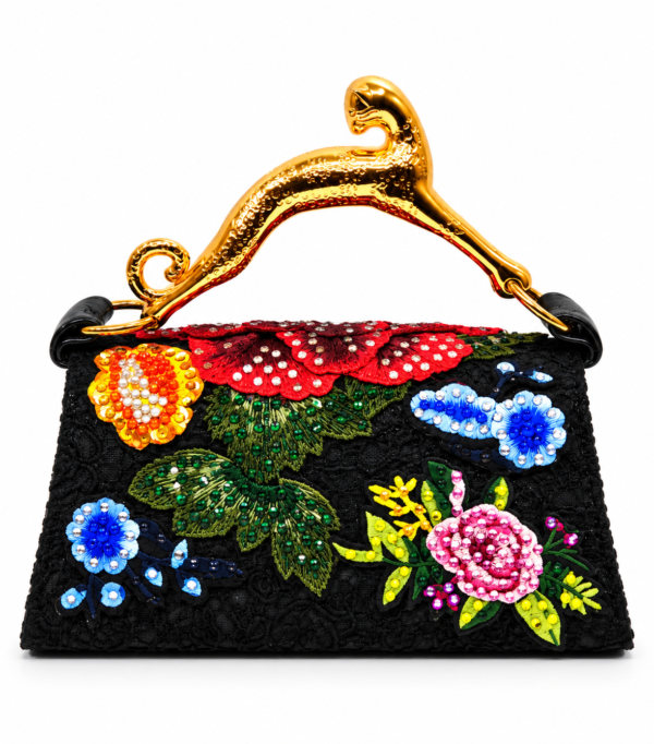 Corvane MAJESTA 6914 top handle bag, back view showing black jacquard lace with multicolour floral embellishment and sculptural gold-tone leopard handle