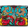 HelaSol Roidery Midi 6194 base view showing turquoise, orange, red and yellow Roidery extending across the silver suede leather base with metal protective feet