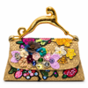 Corvane MAJESTA 4276 top handle bag in tan-beige jacquard lace with multicolour floral embellishment and sculptural gold-tone leopard handle