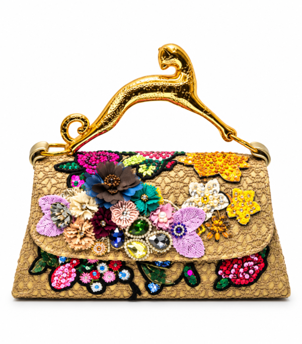 Corvane MAJESTA 4276 top handle bag in tan-beige jacquard lace with multicolour floral embellishment and sculptural gold-tone leopard handle