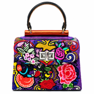 HelaSol Roidery Midi 4189 handbag, front view with multicolour floral Roidery on a deep purple ground and silver-tone turn-lock