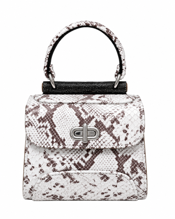 HelaSol AL MMidi Ivoire Sépia structured handbag, front view in ivory and brown patterned leather with dark chocolate gold-flecked handle detailing