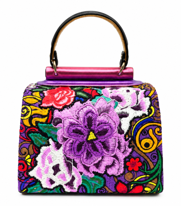 HelaSol Roidery Midi 4189 handbag, back view with oversized purple, white and red florals across multicolour Roidery