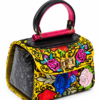 HelaSol Roidery Midi 2845 handbag, angled view showing floral Roidery, glossy black side leather and fuchsia handlebar